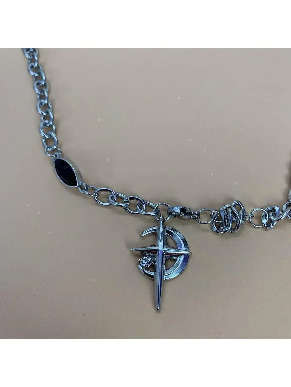 Y2k cyber 2000s style punk grunge crystal cross and opal pendant necklace chain.